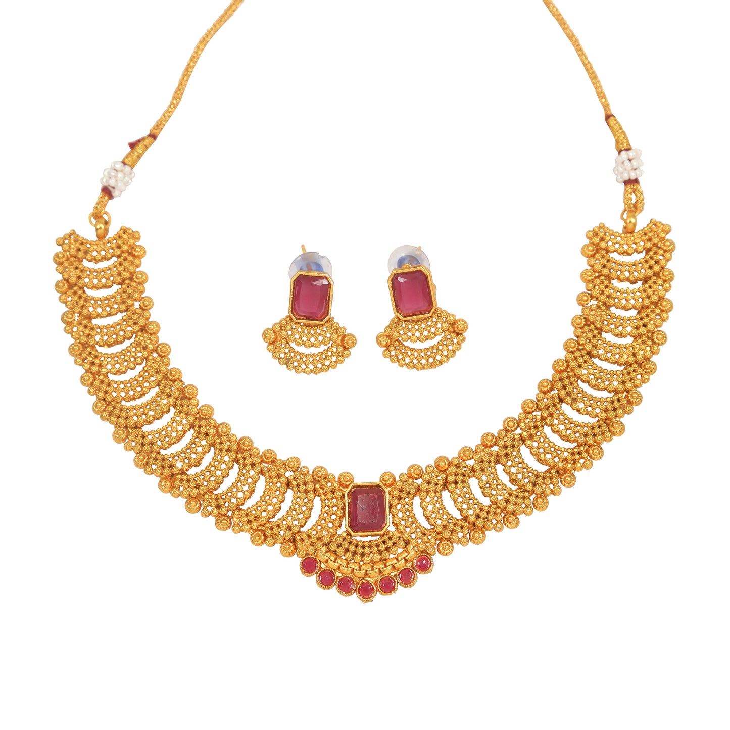 Fashionable Gold Toned Square Shape Ruby Colour Stone Studded Choker Temple Necklace With Matching Earring For Women And Girls