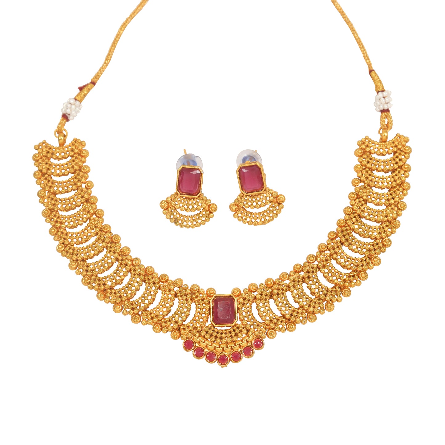 Fashionable Gold Toned Square Shape Ruby Colour Stone Studded Choker Temple Necklace With Matching Earring For Women And Girls