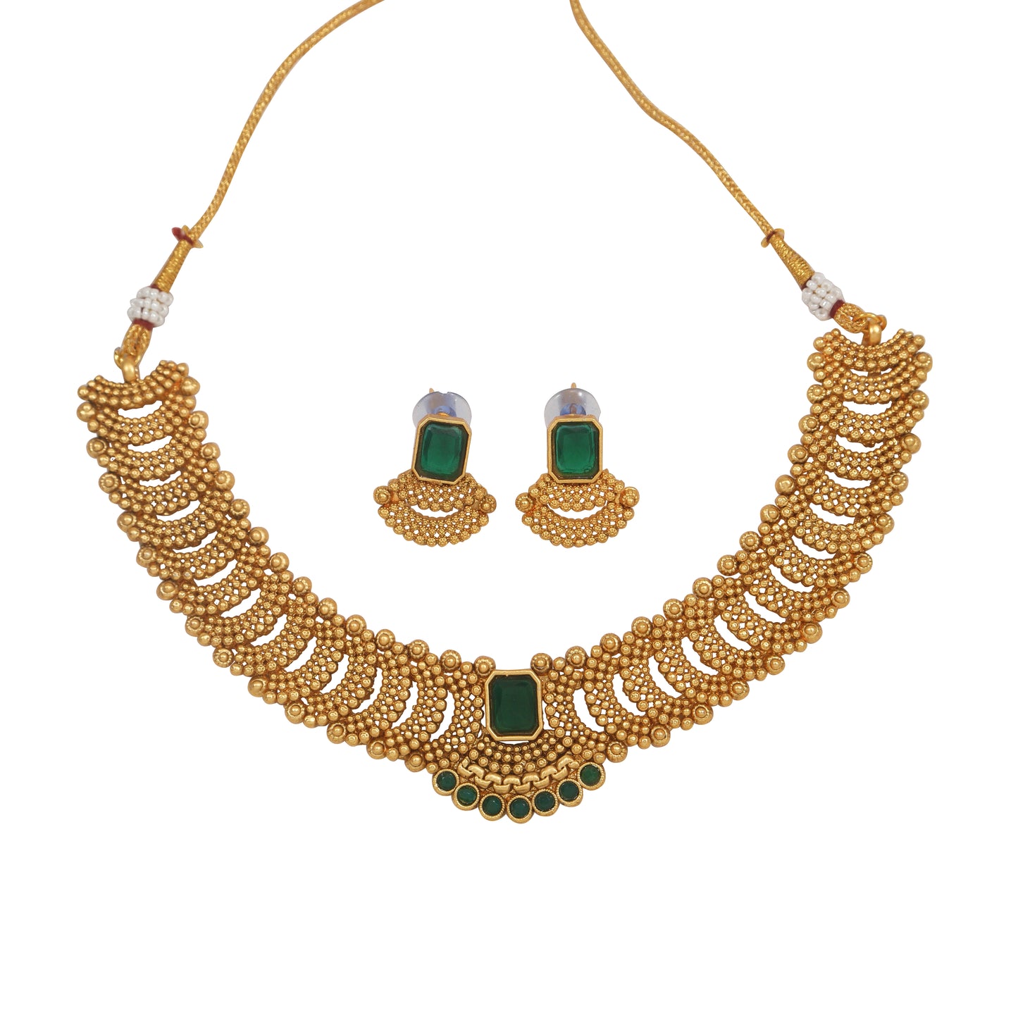 Fashionable Gold Toned Square Shape Green Stone Studded Choker Temple Necklace With Matching Earring For Women And Girls
