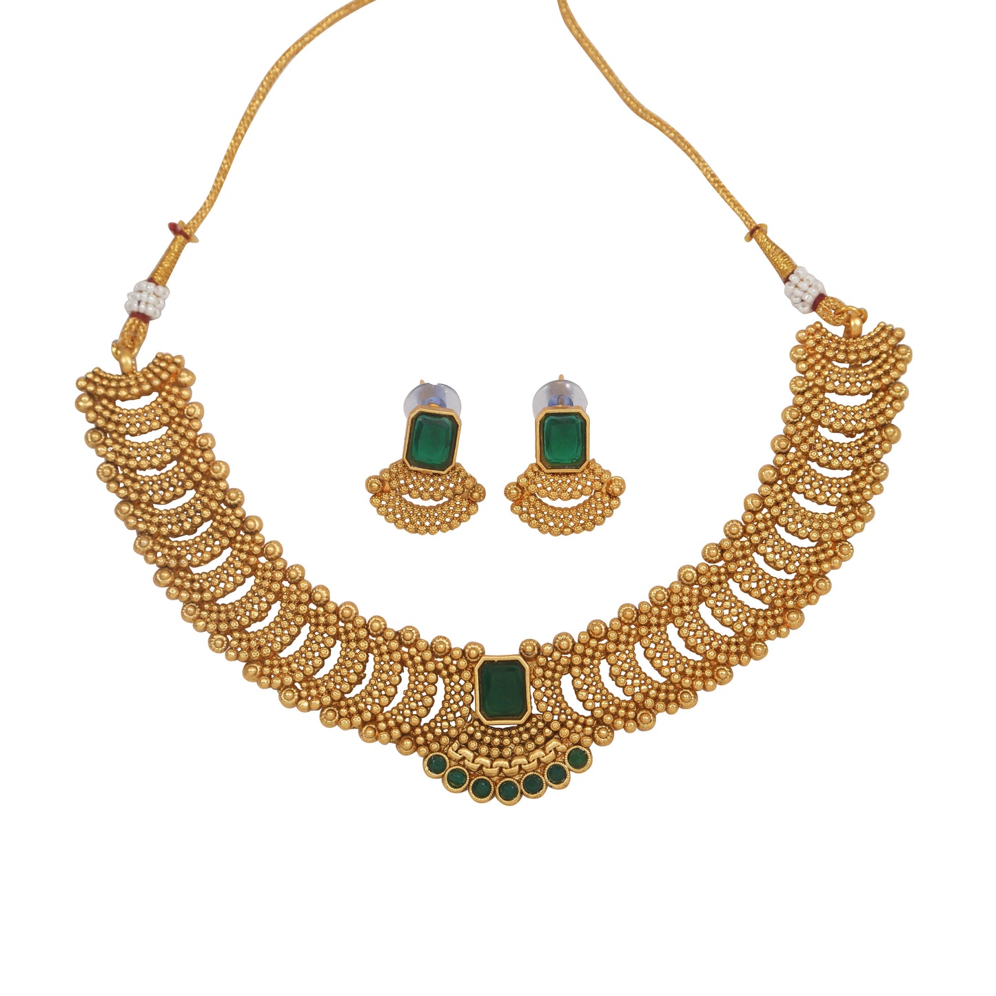 Fashionable Gold Toned Square Shape Green Stone Studded Choker Temple Necklace With Matching Earring For Women And Girls
