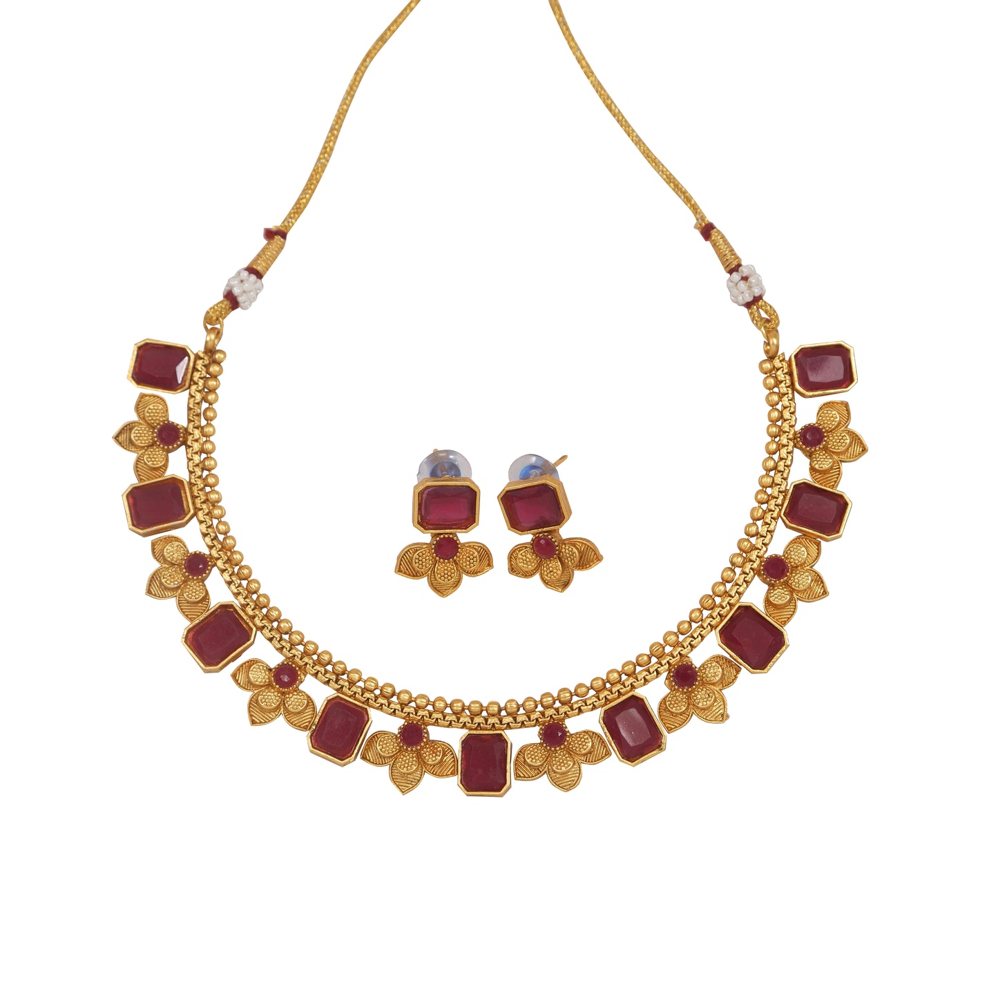 Fashionable Gold Plated Square Shape And Flower Design Temple Necklace With Earrings Jewellery Set For For Women And Girls