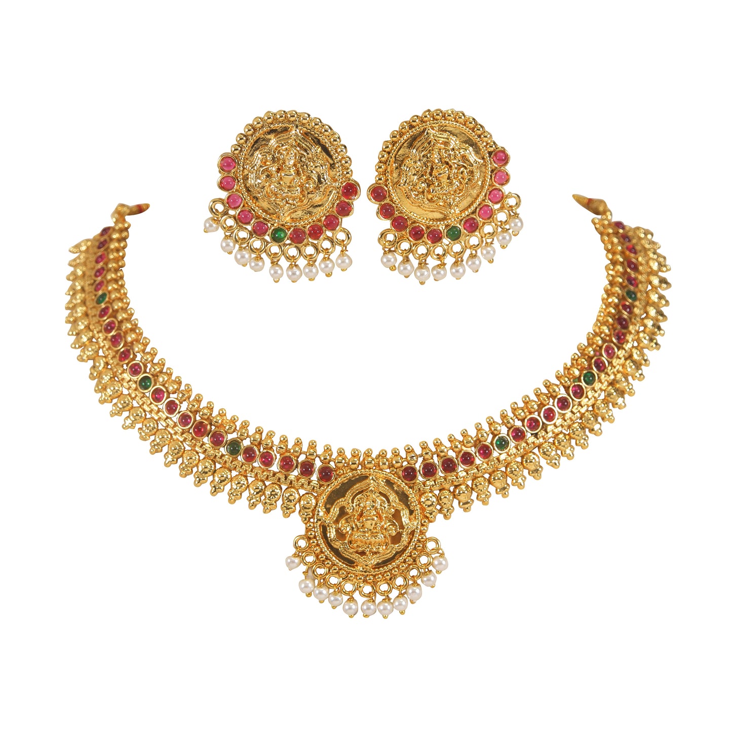South Indian Traditional Gold Plated Laxami Necklace Pearl Dropped Temple Jewellery Set With Earrings For Women And Girls