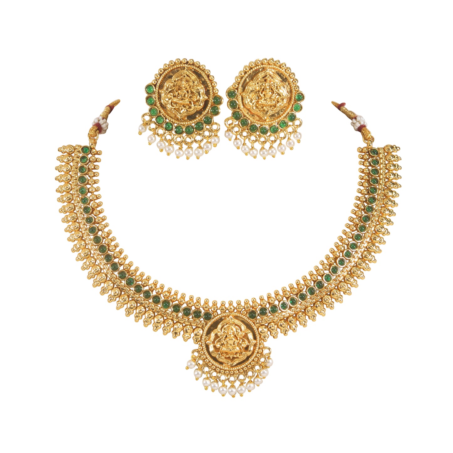 South Indian Traditional Gold Plated Laxami Necklace Pearl Dropped Temple Jewellery Set With Earrings For Women And Girls
