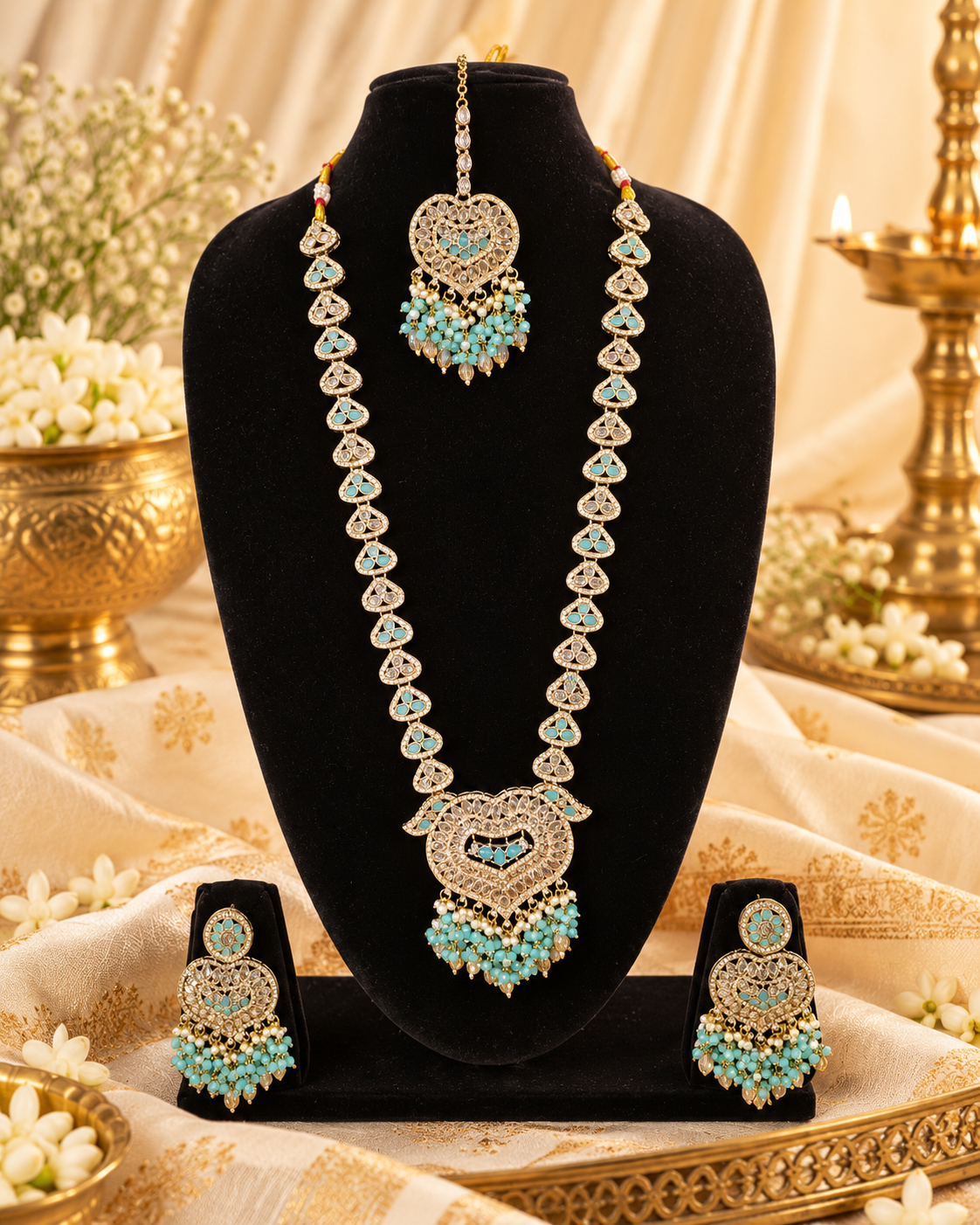 Lavender Purple Heart Shaped Long Necklace Set with Earrings & Maang Tikka