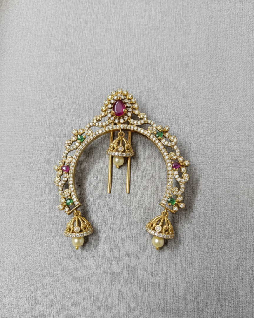 Vintage Gold Temple Hair Brooch Traditional Stone Encrusted Jhumka Hair Pin