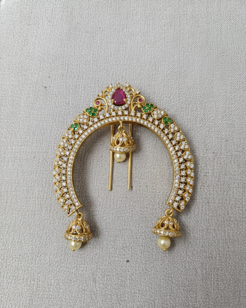 Vintage Gold Temple Hair Brooch Traditional Stone Encrusted Jhumka Hair Pin