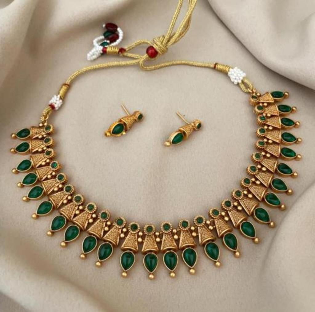 Classic And Fancy Gold Plated Tear Dropped Temple Choker Necklace With Earring Jewellery Set For Women And Girls