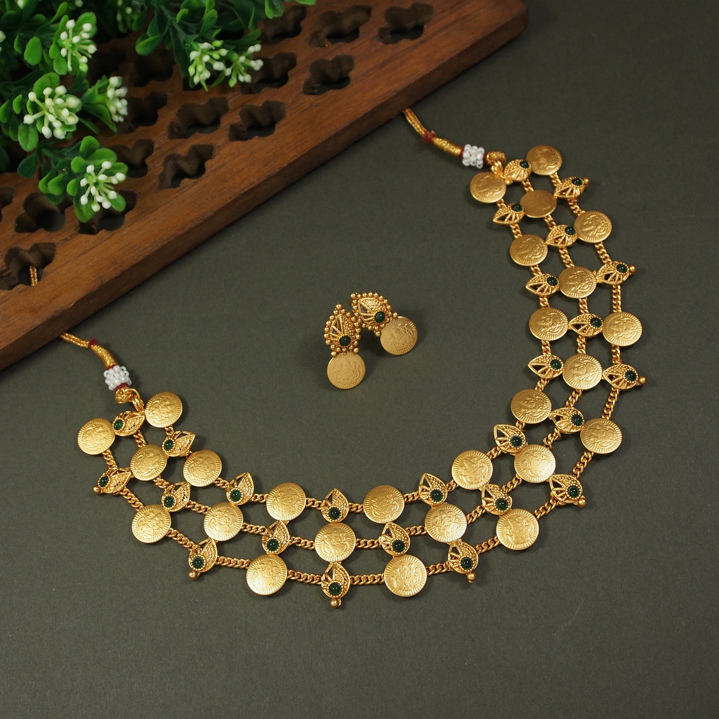 Double Layer Lakshmi Kasu Mala with Ruby Leaf Accents