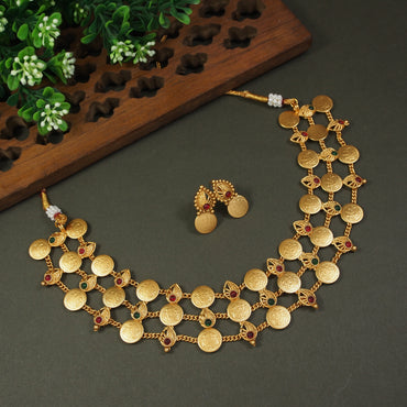 Double Layer Lakshmi Kasu Mala with Ruby Leaf Accents