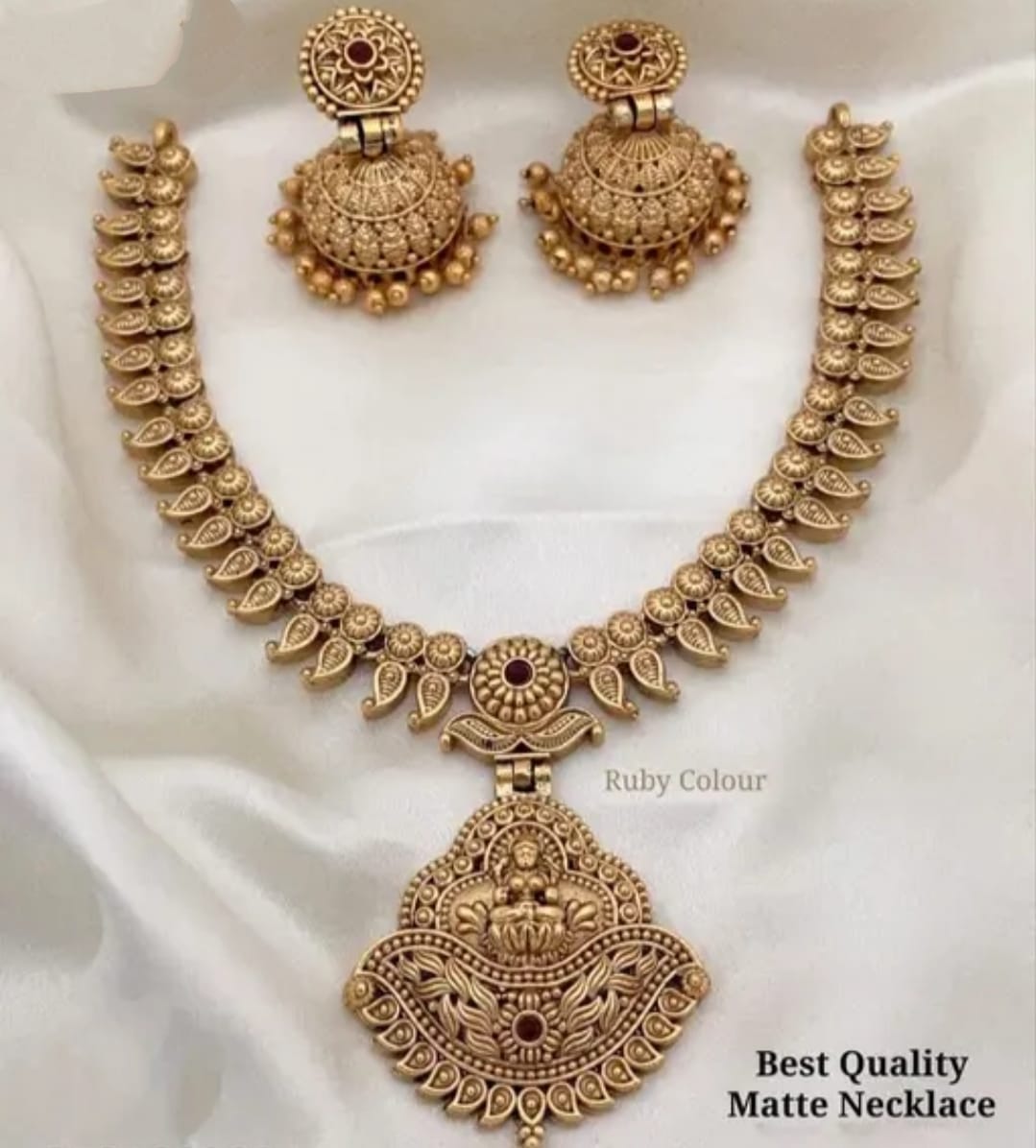 Matte Gold Lakshmi Pendant Necklace Set with Royal Blue Accents