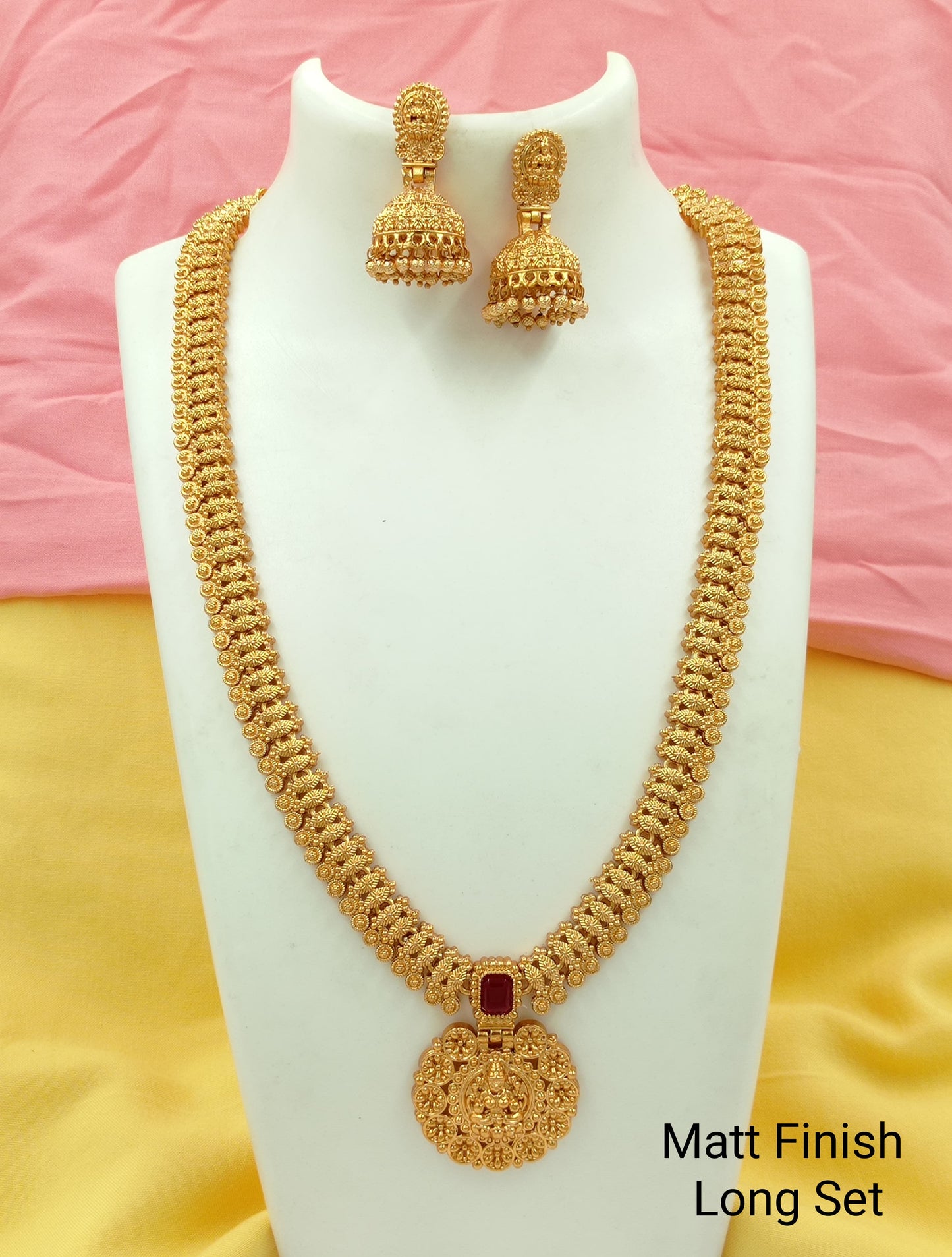 New Ethnic Gold Plated Ruby Studded Kundan Laxami Temple Long Necklace With Beautiful Jhumkhi Earring Jewellery Set For Women And Girls