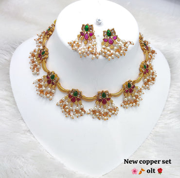 Floral Motif Temple Necklace with Pearl & Green Stone Choker & Earrings Set
