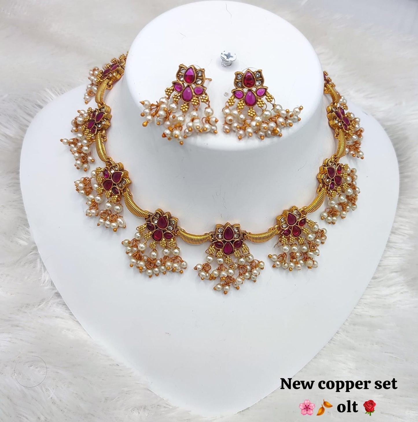 Floral Motif Temple Necklace with Pearl & Green Stone Choker & Earrings Set