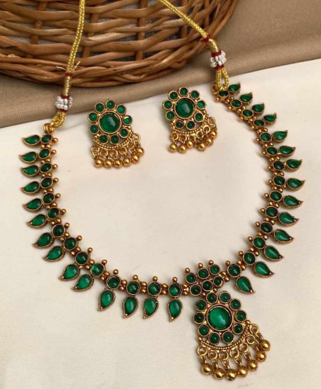 Temple Design Necklace and Earring Set with Traditional Stone Detailing