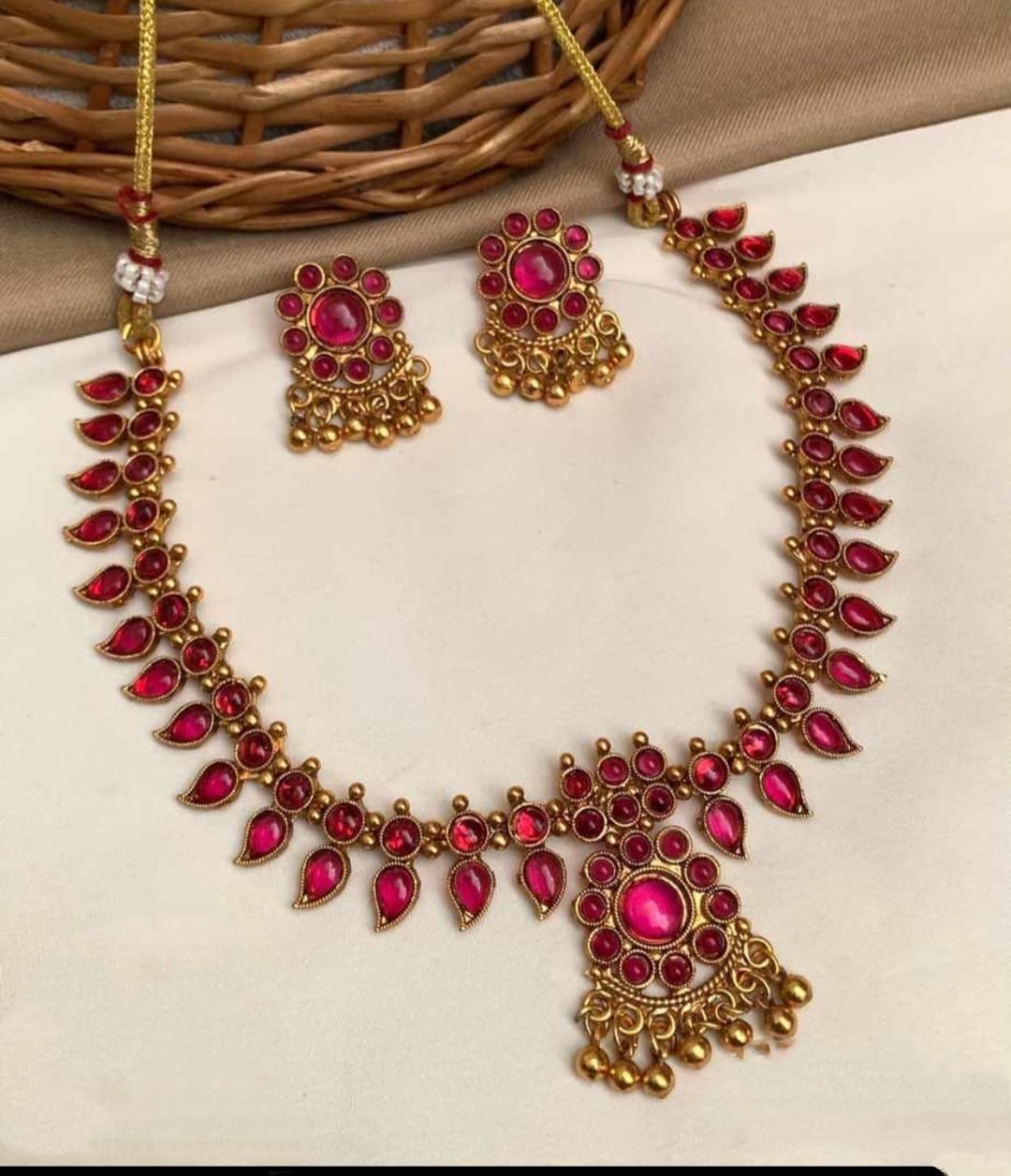 Temple Design Necklace and Earring Set with Traditional Stone Detailing