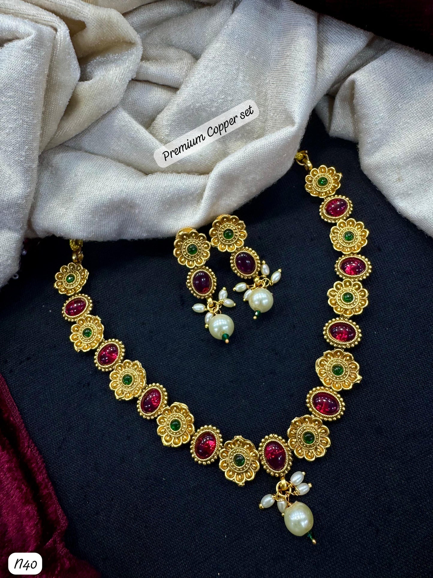 Premium Temple Necklace & Earring Set – Gold Finish with Red Stones & Pearl Drops