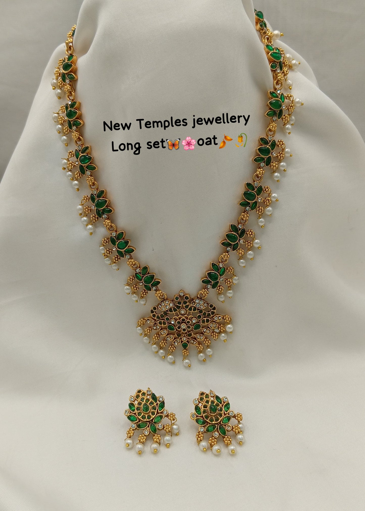 Elegant Temple Jewelry Long Necklace Set with Earrings – Pearl & Floral Design