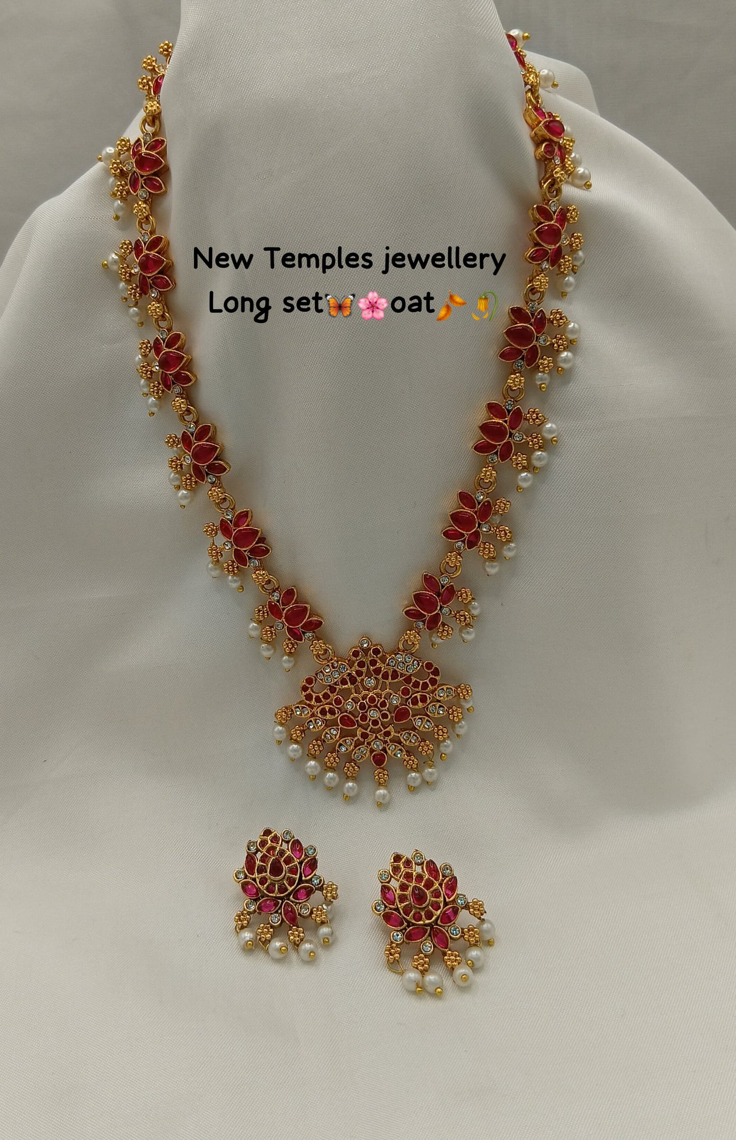 Elegant Temple Jewelry Long Necklace Set with Earrings – Pearl & Floral Design
