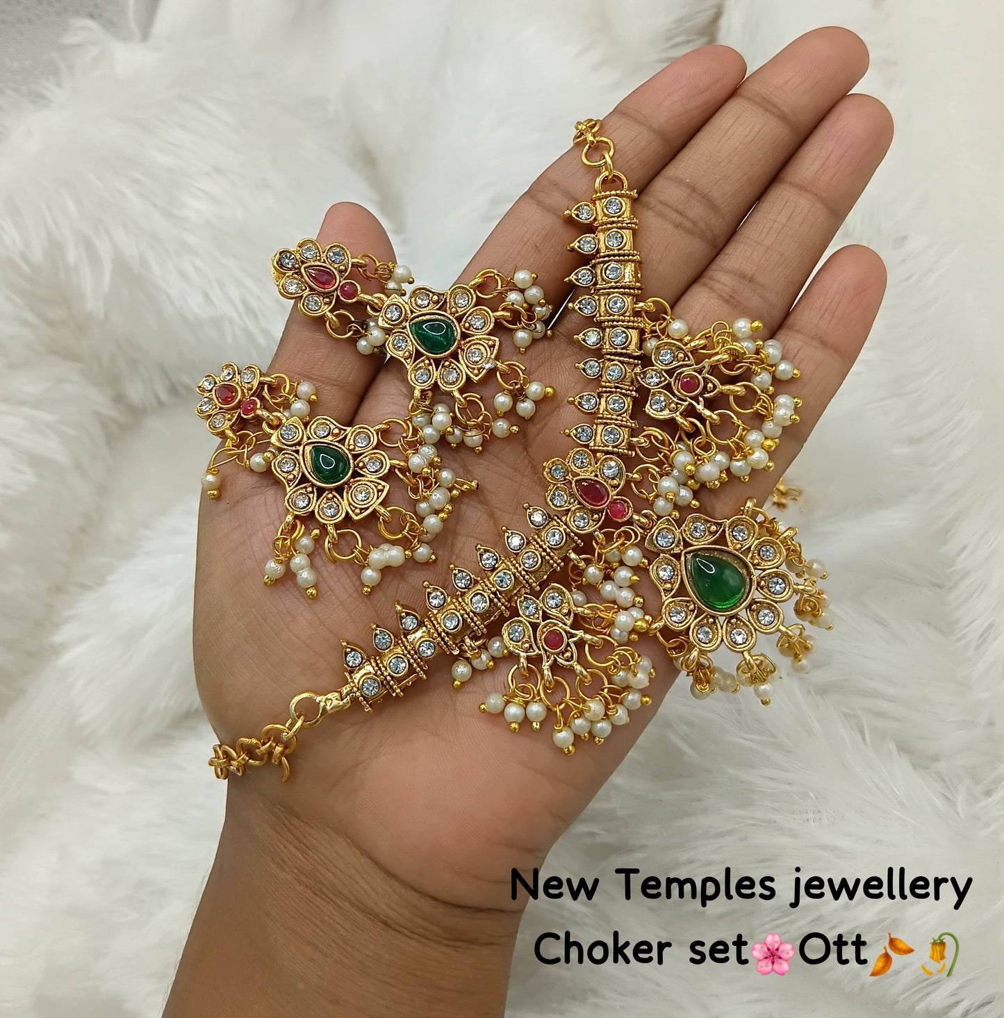 Antique Temple Choker Necklace Set with Earrings – Pearl & Stone Detailing
