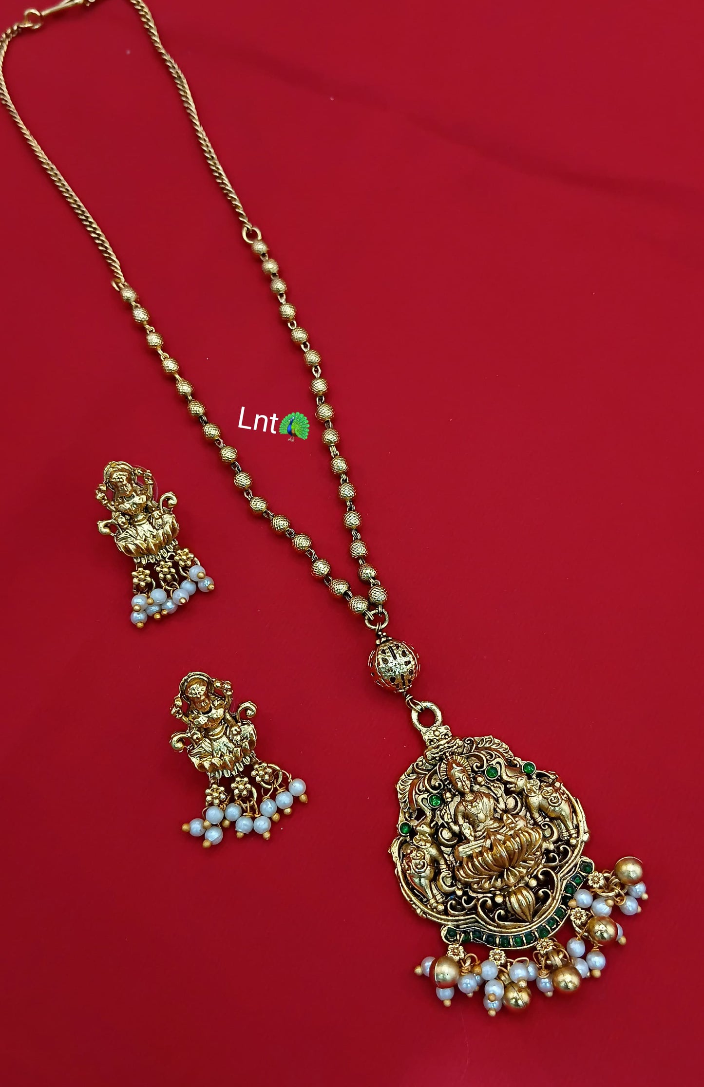 Temple Jewelry Set with Goddess Lakshmi Pendant & Earrings – Gold-Plated with Pearl Drops