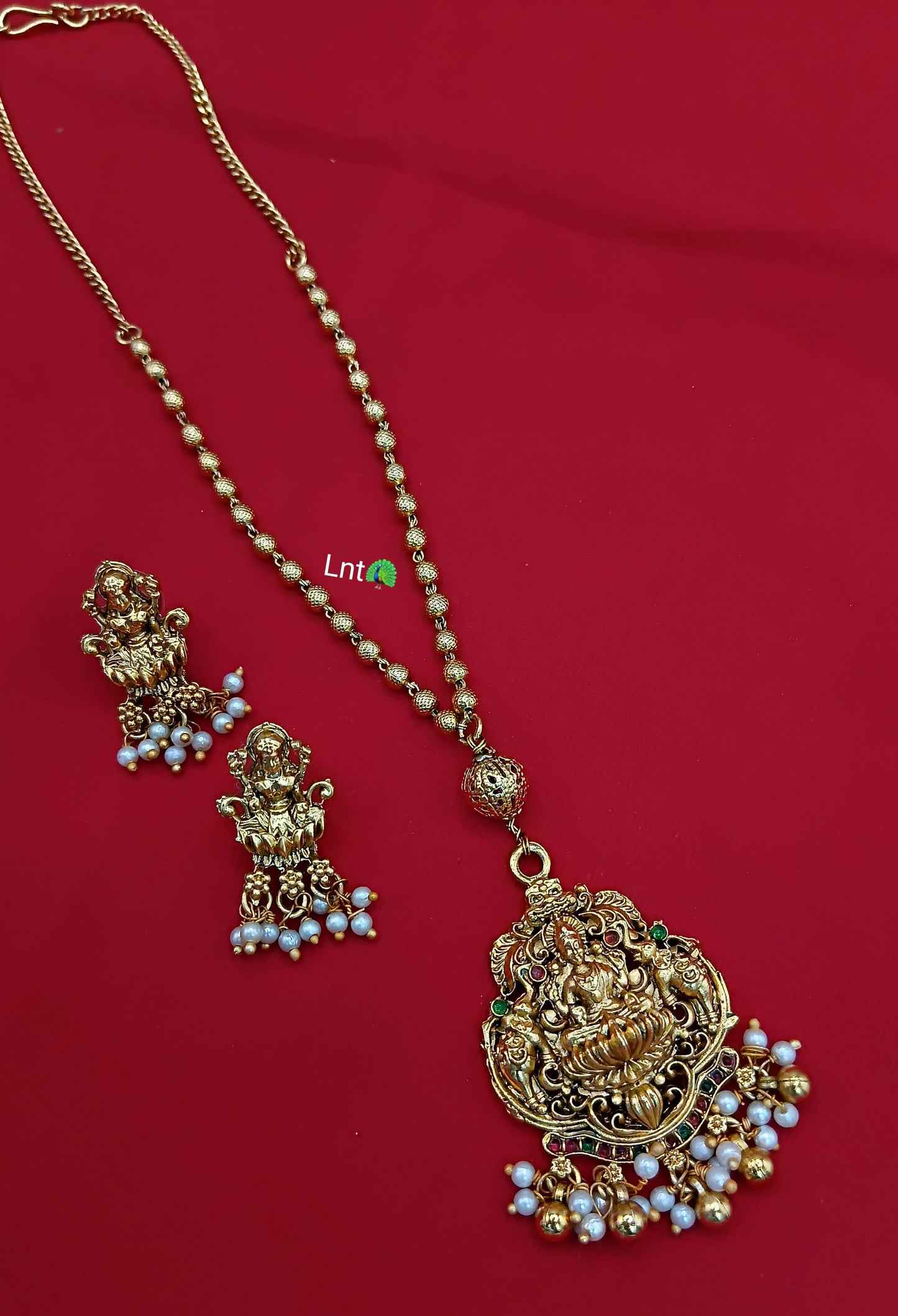 Temple Jewelry Set with Goddess Lakshmi Pendant & Earrings – Gold-Plated with Pearl Drops