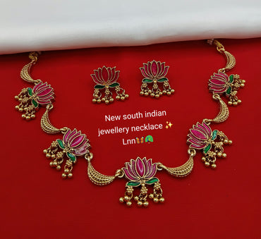 Forest Green Meenakari Lotus Necklace with Golden Ghungroo Drops