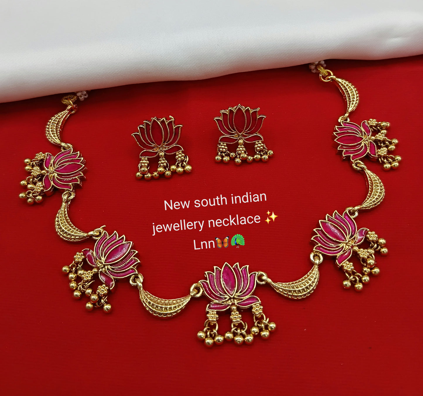 Forest Green Meenakari Lotus Necklace with Golden Ghungroo Drops