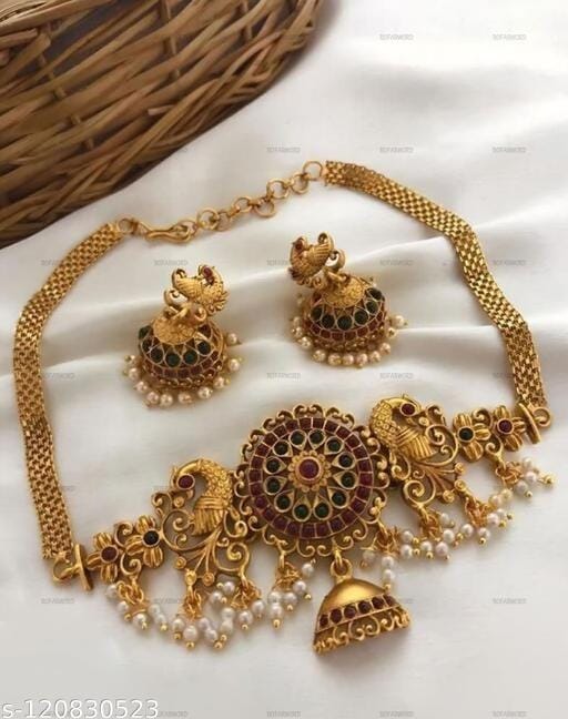 Beautiful South Indian Gold Plated Peacock Necklace Pearl Dropped Temple Jewellery Set With Jhumki Earrings For Women And Girls
