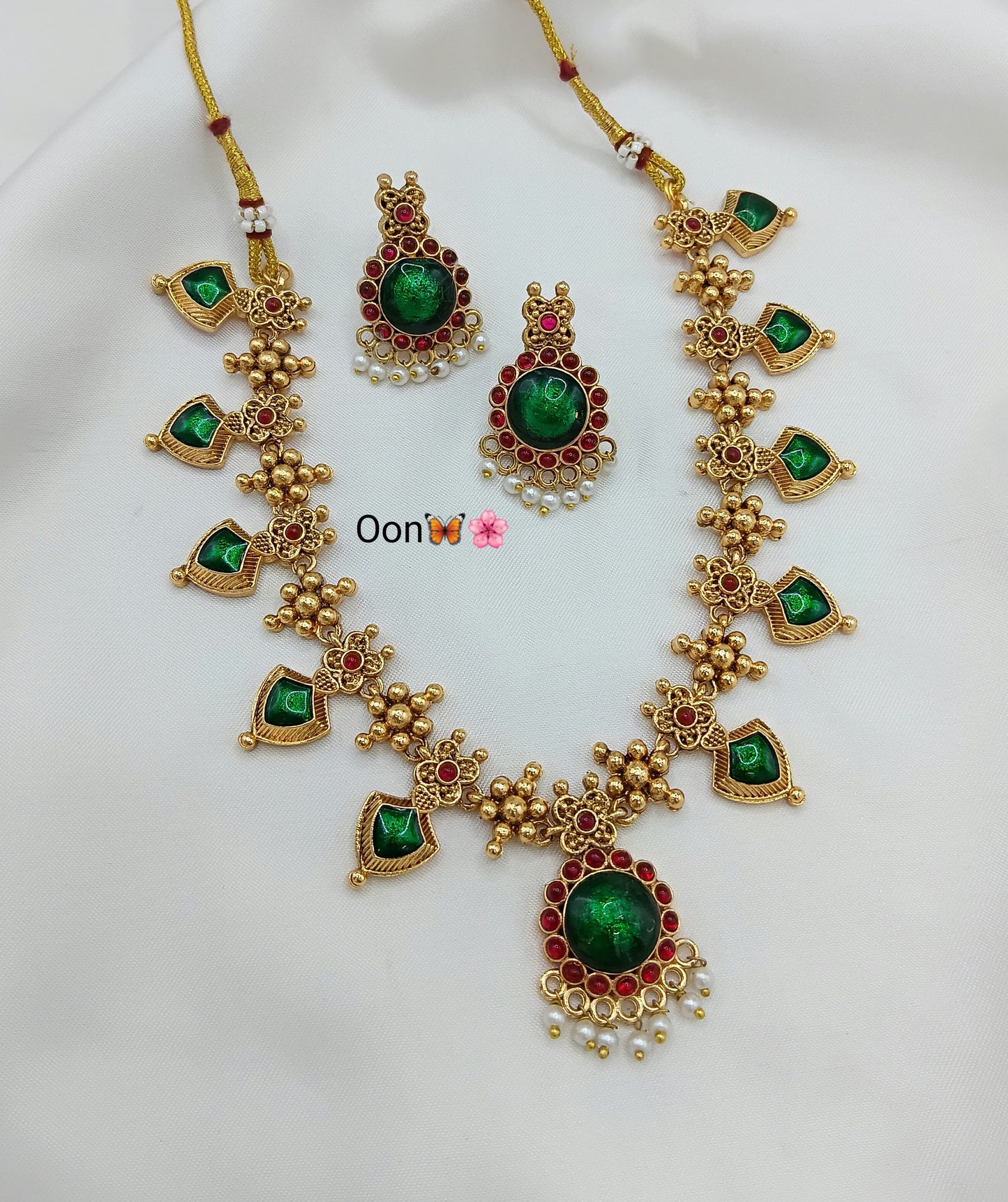 Temple Design Stone Studded Necklace Set with Earrings