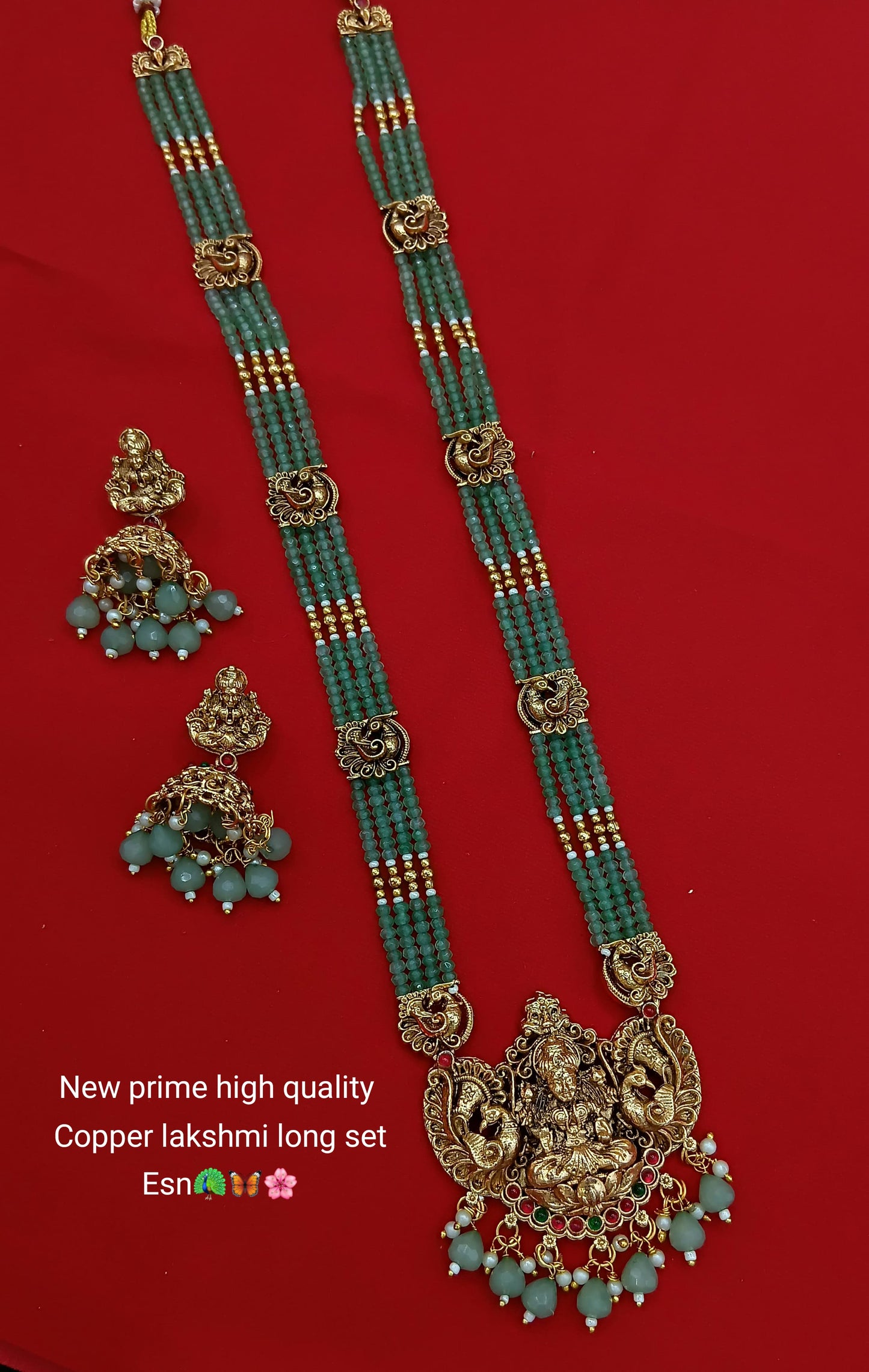 Temple Design Lakshmi Long Necklace Set with Beads & Earrings