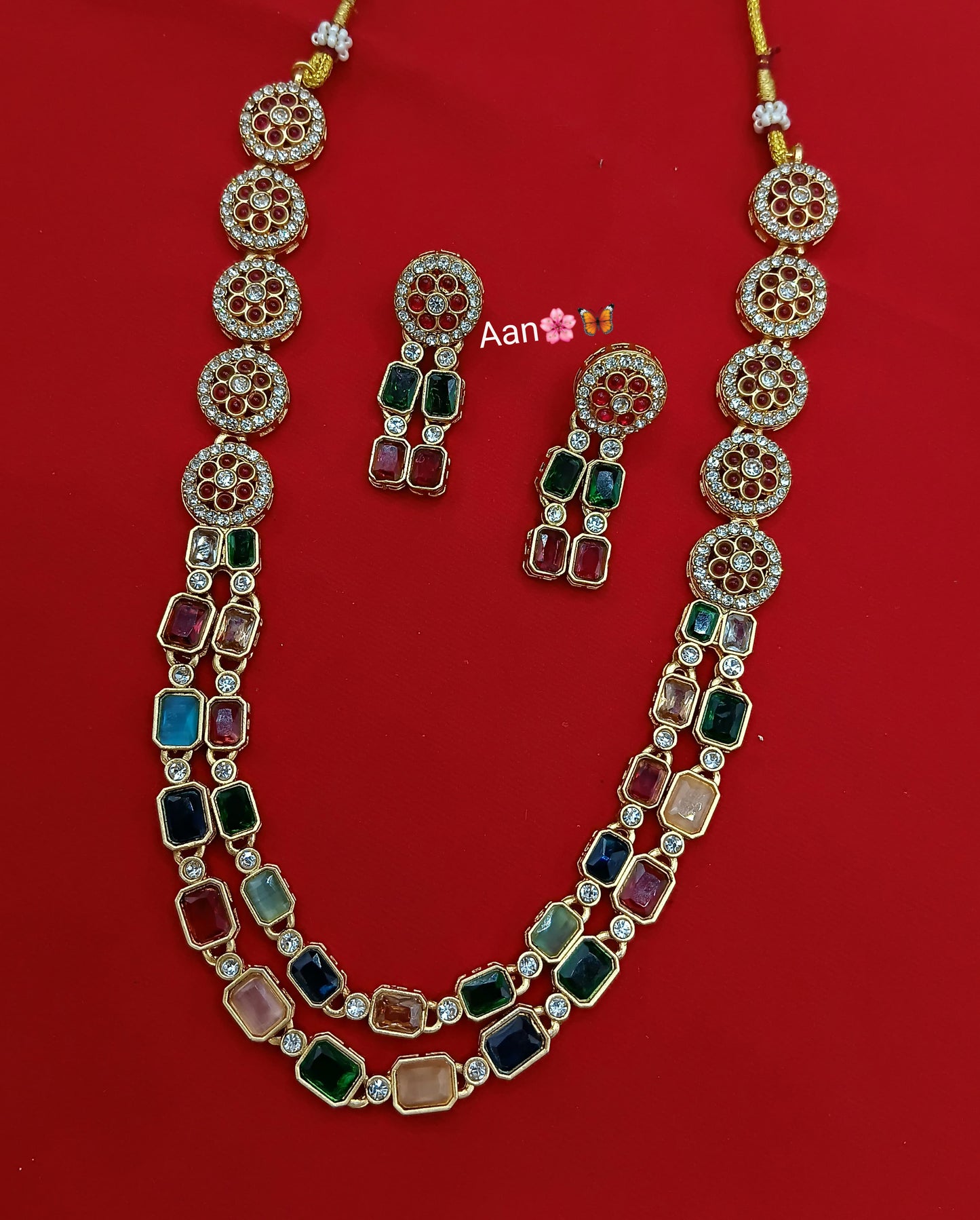 Floral Design Multi Stone Long Temple Necklace Set - Lucentemarket