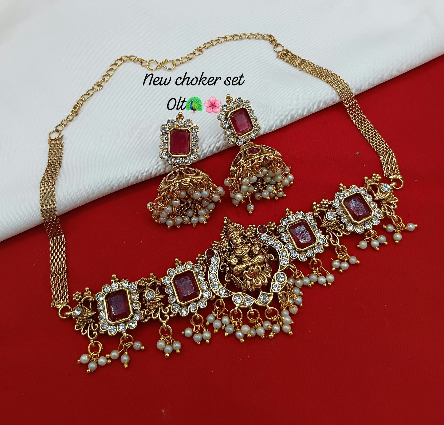 Traditional Temple Choker Necklace Set with Goddess Lakshmi Motif & Stone Accents