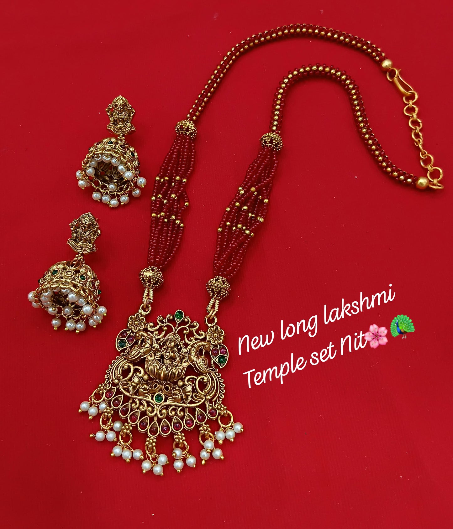 Long Lakshmi Temple Necklace Set with Pearl Drops and Matching Jhumka Earrings
