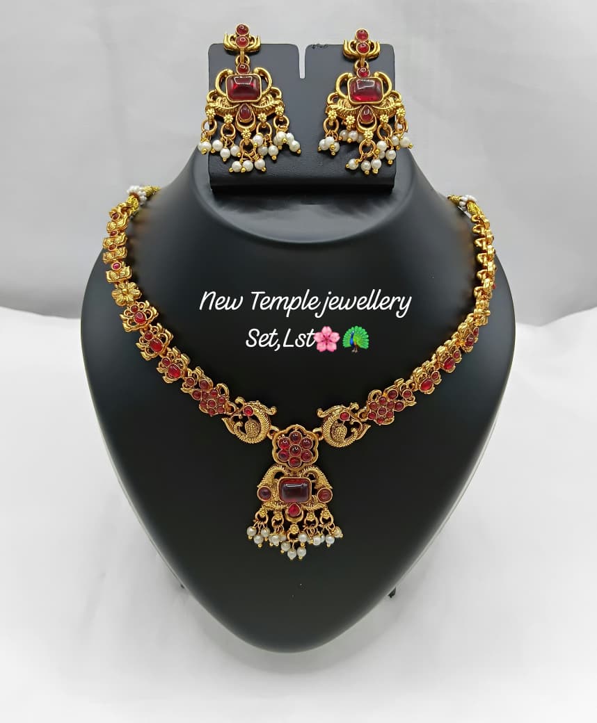 Traditional Temple Necklace Set with Intricate Pendant and Matching Jhumka Earrings