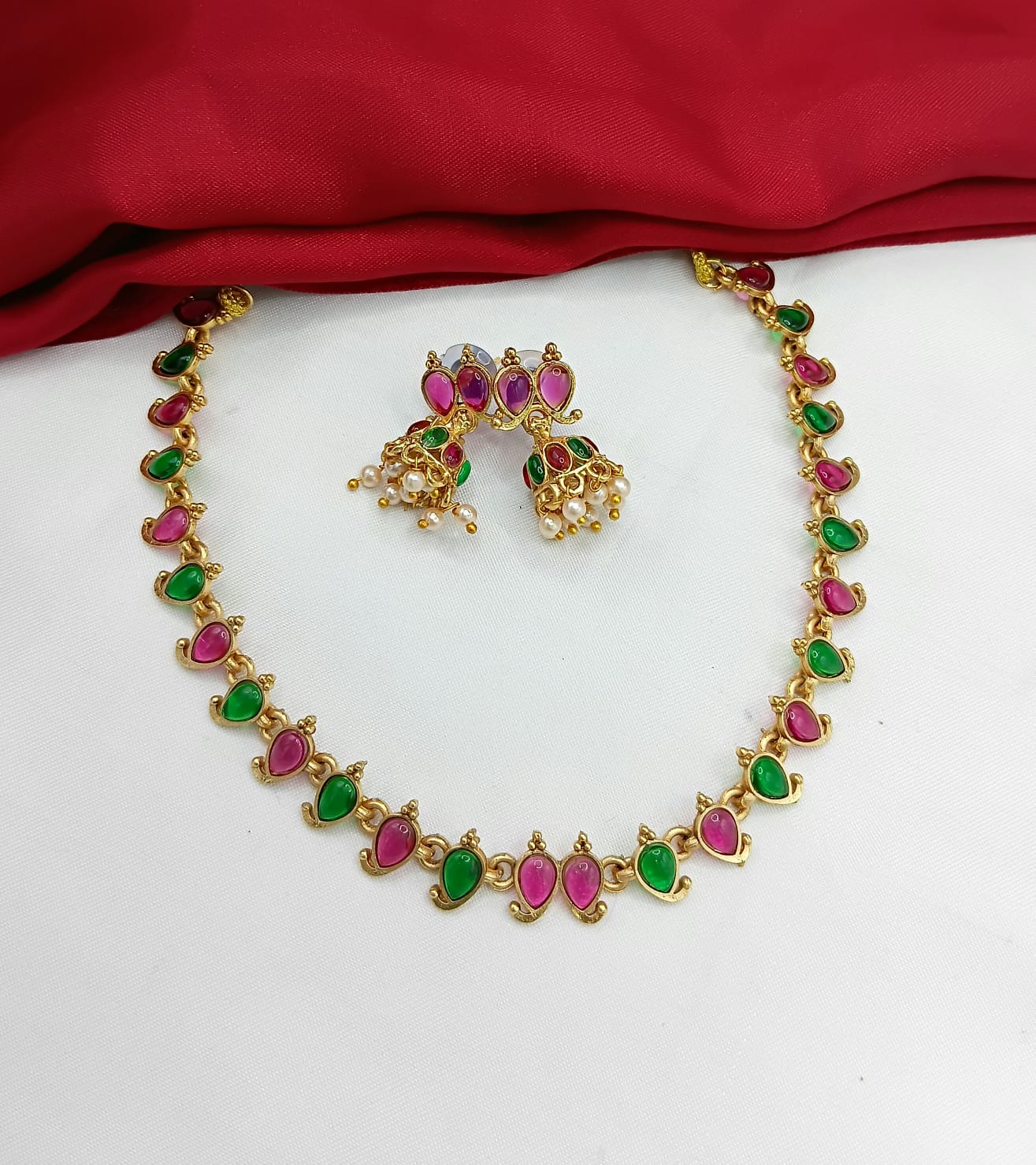 Gold Mango Motif Necklace Set with Ruby & Emerald Stones