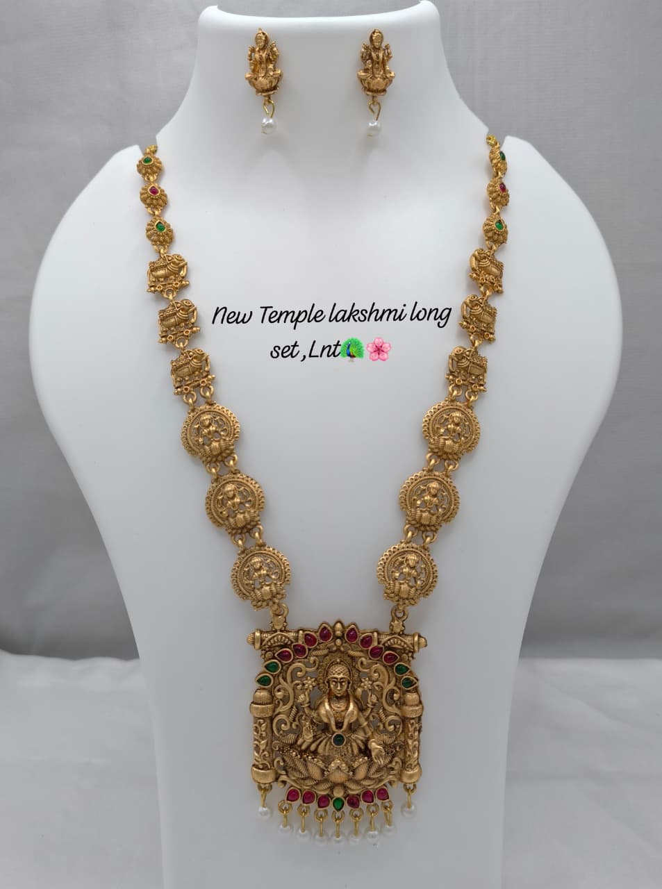 Gold Square Lakshmi Pendant Long Necklace Set