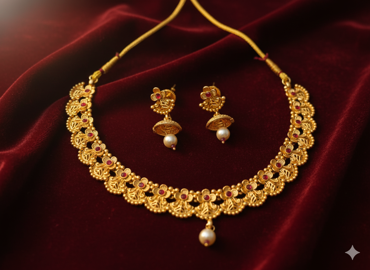 Minimalist Temple Jewelry with Ruby Stones and Pearl Jhumkas