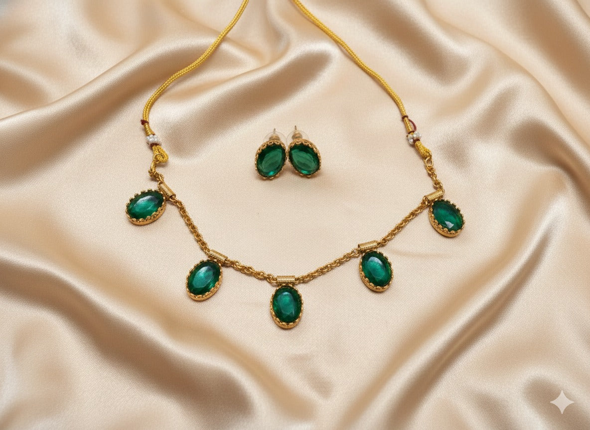 Minimalist Rani Pink Oval Stone Necklace with Matching Studs