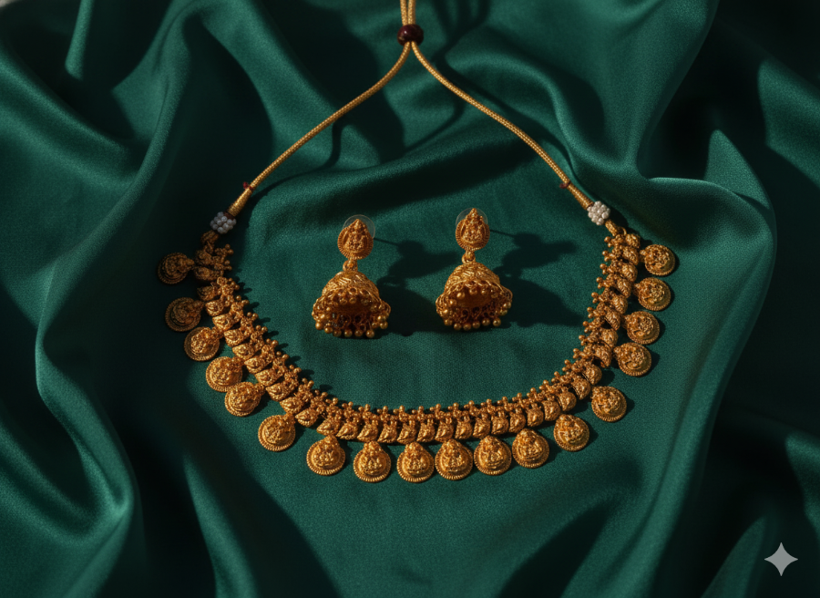 Handcrafted Temple Goddess Coin Necklace Set with Hanging Jhumkas