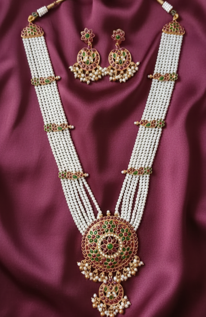 Traditional Peacock Blue Long Necklace Set
