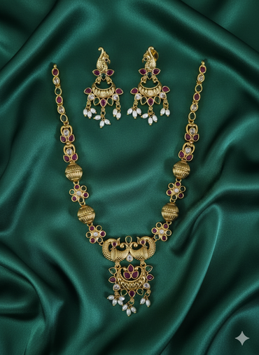 Traditional Temple Gold Plated Peacock Necklace Set with Matching Earrings