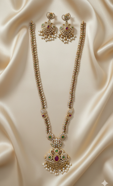 Traditional Gold Plated Peacock Drops Necklace With Earrings For Woman & Girls