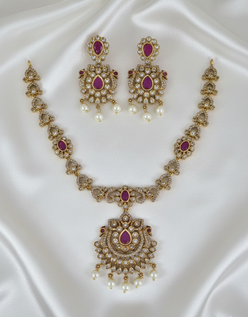 Emerald Peacock Temple Jewelry Necklace Set With Matching Earrings