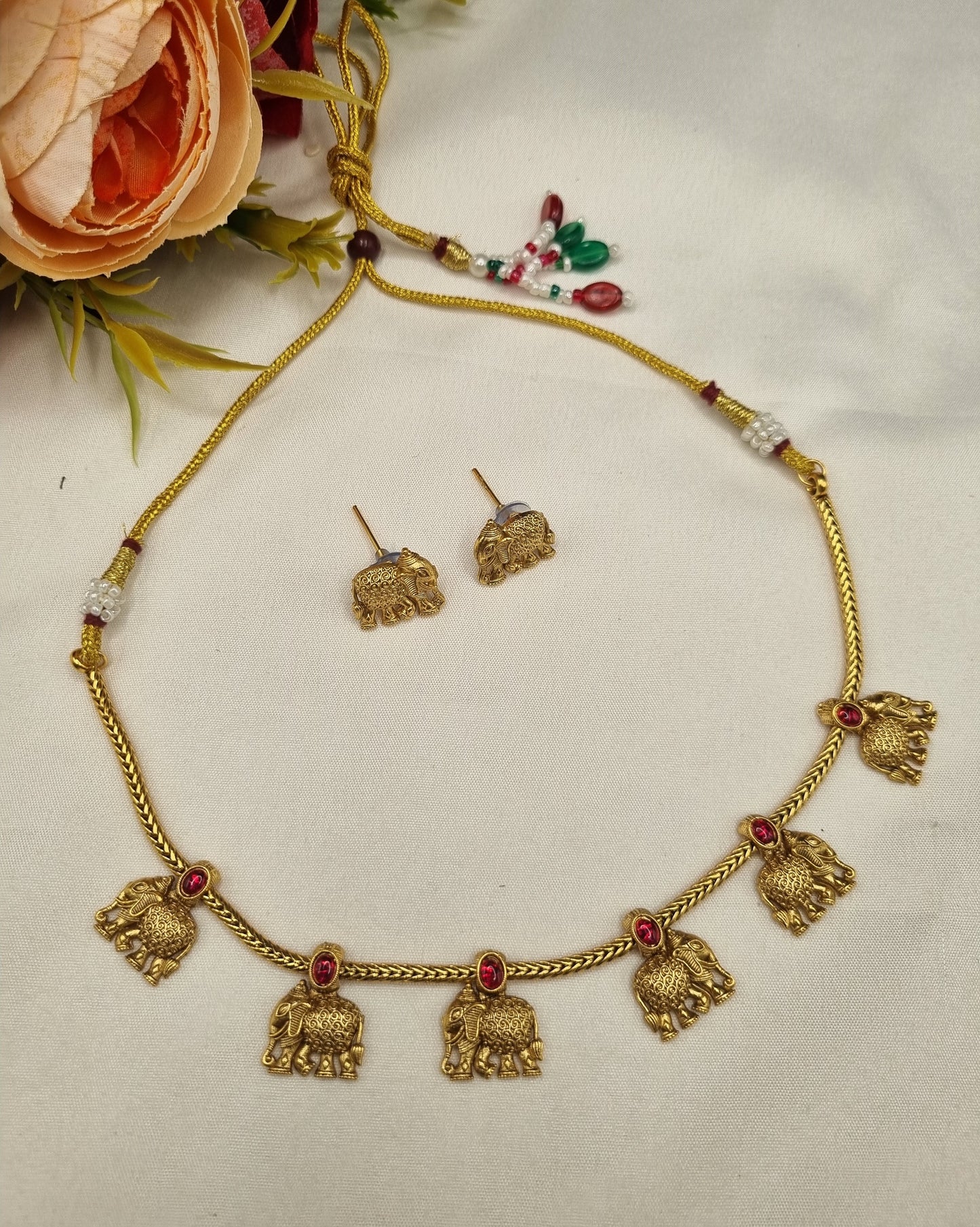 South Elephant Motif Necklace & Stud Earrings Set