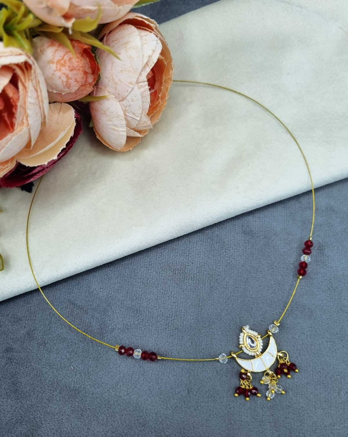 Invisible Wire Crescent Pendant Necklace with Beaded Accents