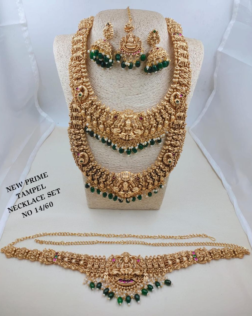 Grand Antique Gold Goddess Laxmi & Peacock Temple Bridal Jewelry Set (Choker, Haram, Jhumka, Mang Tikka & Vaddanam)