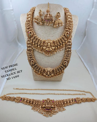 Grand Antique Gold Goddess Laxmi & Peacock Temple Bridal Jewelry Set (Choker, Haram, Jhumka, Mang Tikka & Vaddanam)