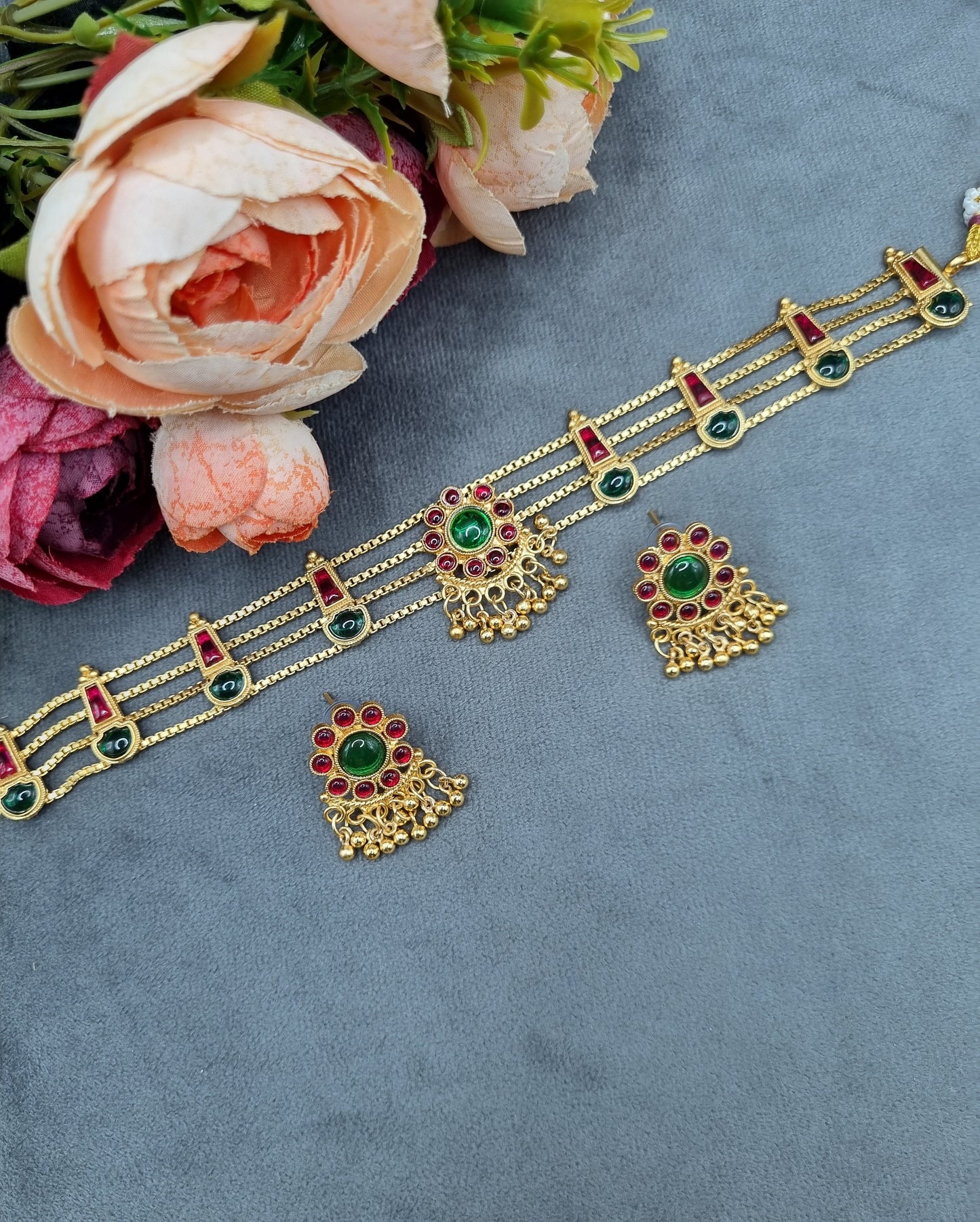 Traditional Gold-Plated Stone Choker & Earrings Set