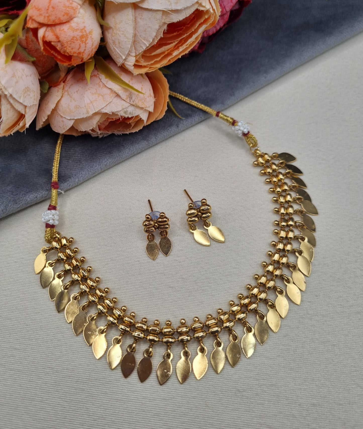 Antique Leaf Drop Short Necklace and Studs Set