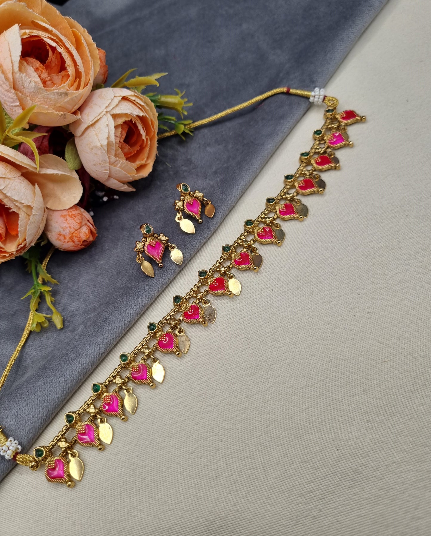Gold-Plated Meenakari Heart Charm Choker Necklace